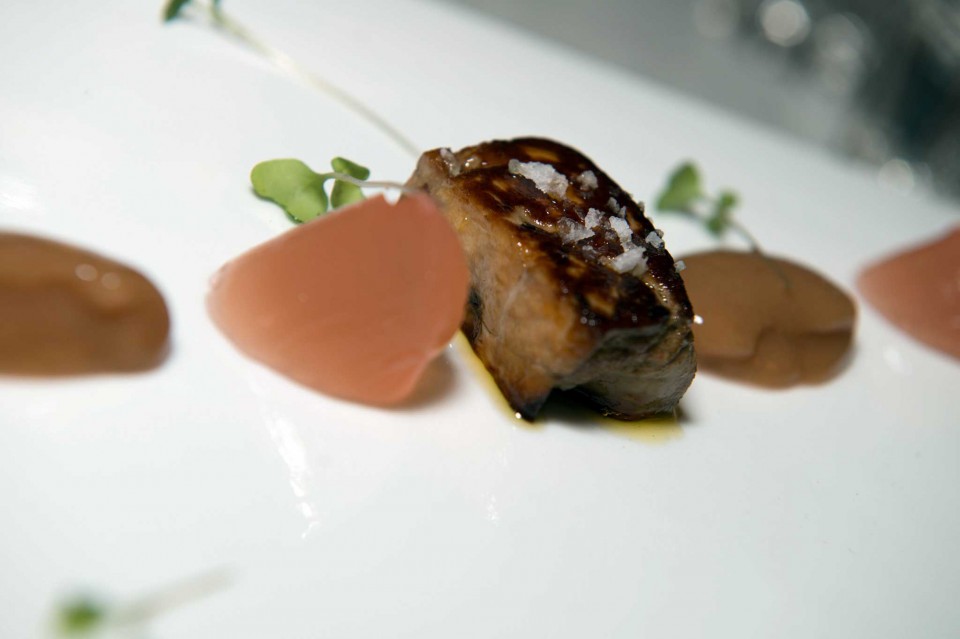 foie gras, visciole, sorbetto alla pesca