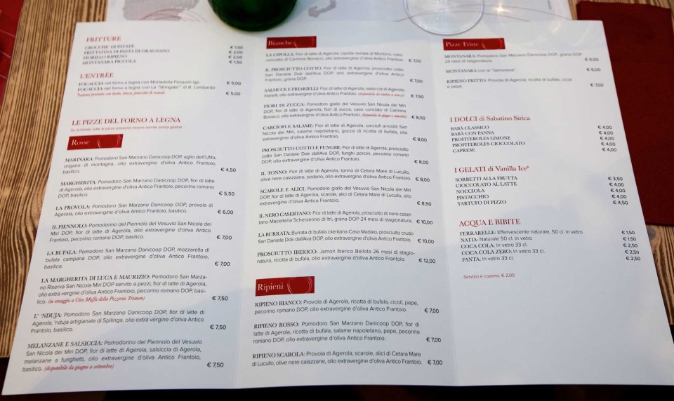 menu pizzeria Castellano