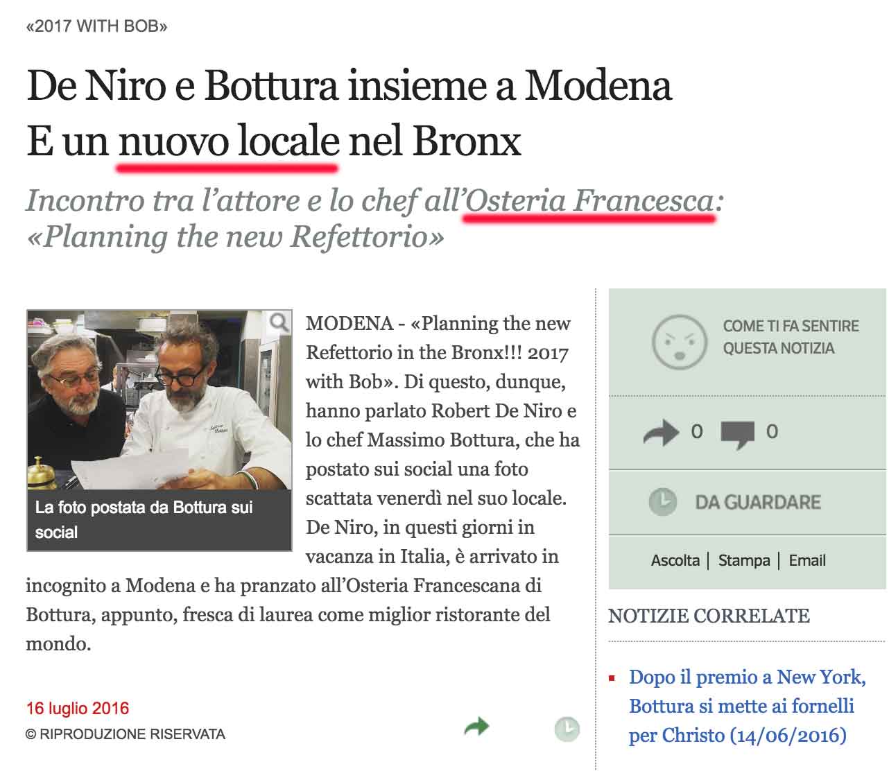 Bottura De Niro Osteria Francesca Corriere della Sera