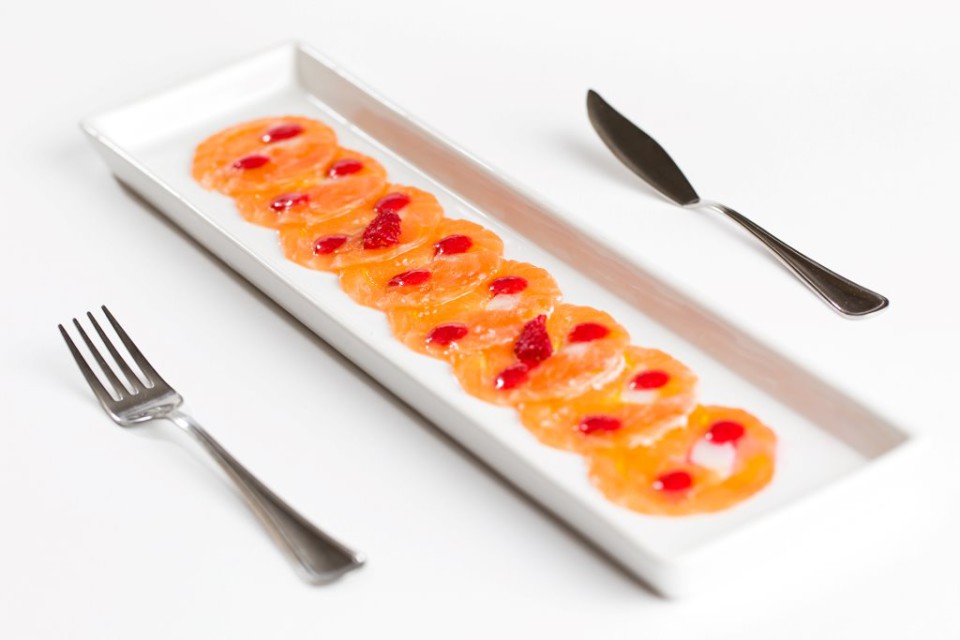Salmone e rana pescatrice, vinagrette ai lamponi