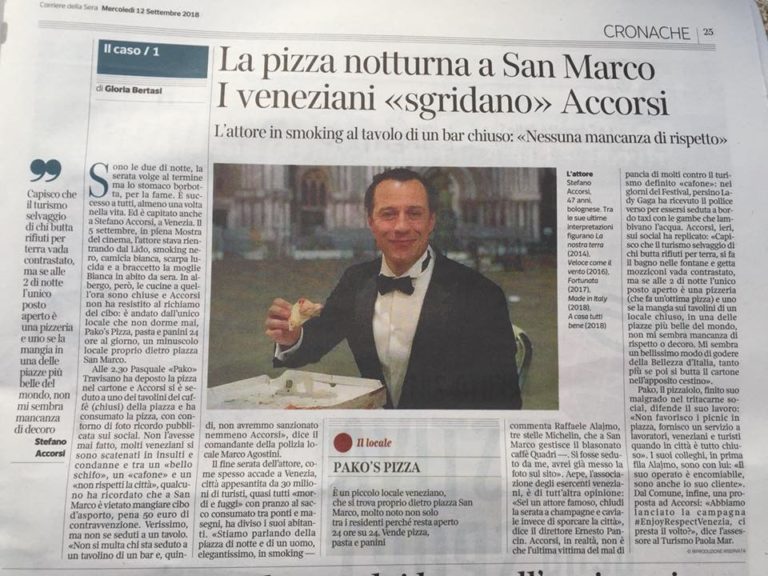 Venezia. Stefano Accorsi e la polemiche sulla pizza che titolerei &#8220;dove mangiare la pizza a tutte le ore&#8221;