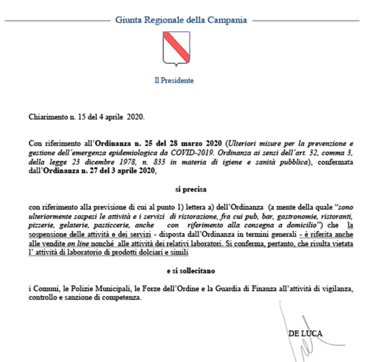 chiarimento 15 4 aprile 2020 Campania vietata vendita online pastiera