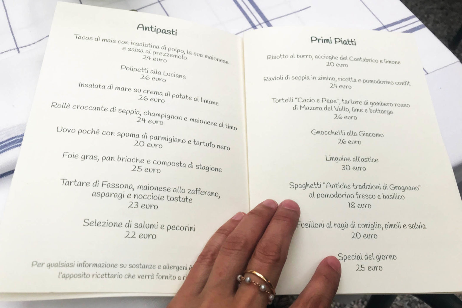 Giacomo Pietrasanta carta antipasti e primi