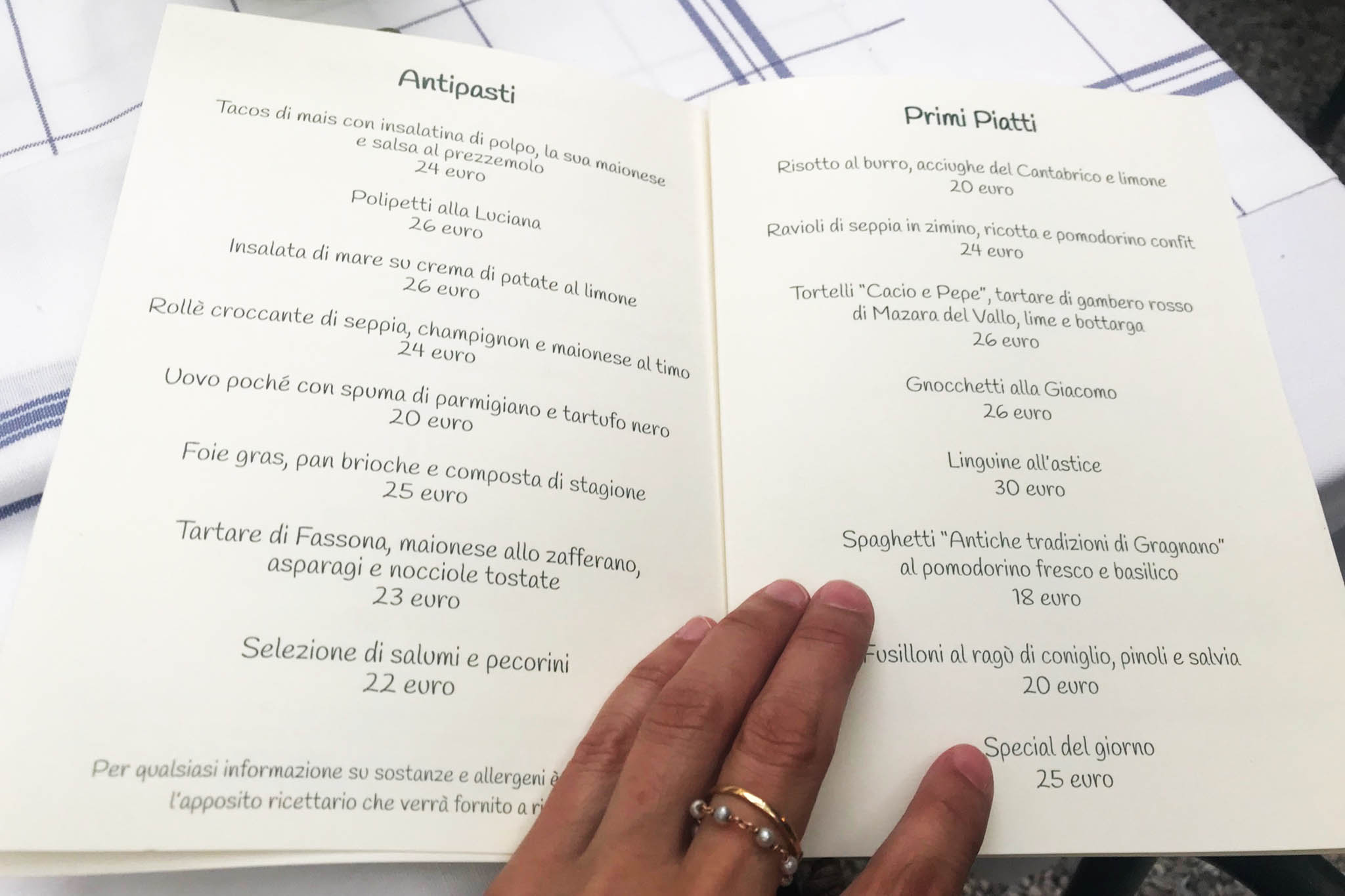 Giacomo Pietrasanta carta antipasti e primi