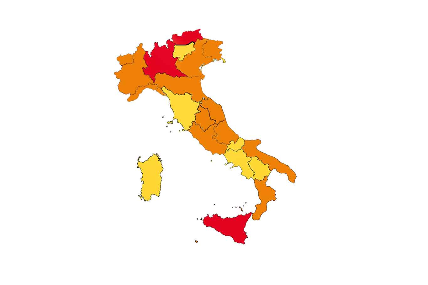 Italia a zone rosse arancioni e gialle 17 gennaio