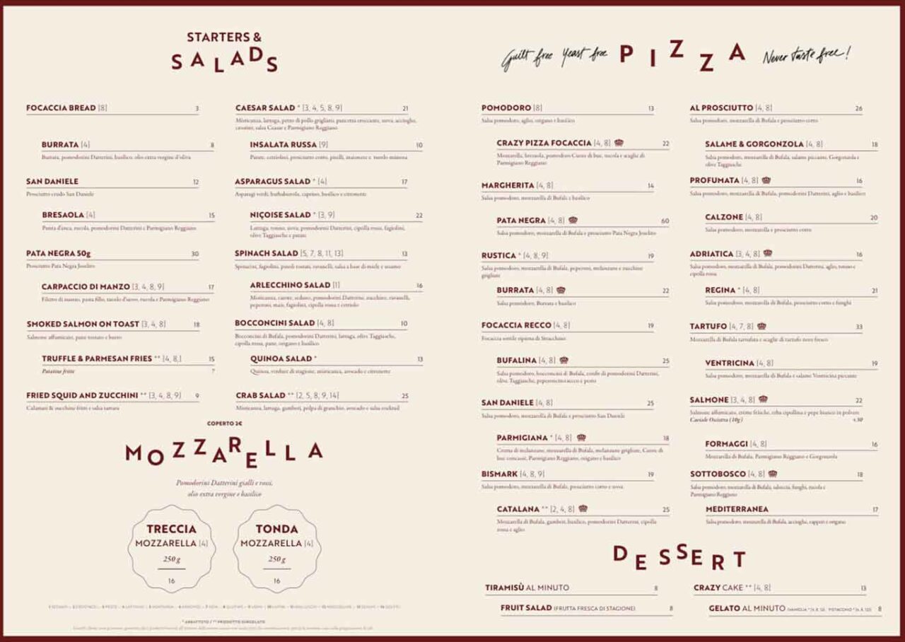 Crazy pizza menu