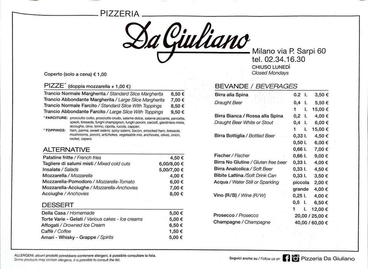 menu e prezzi delle migliori pizzerie al trancio di Milano