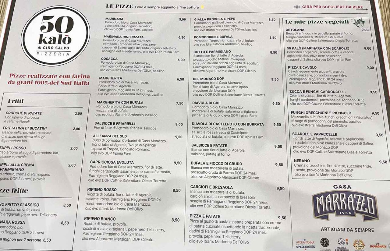 menu e prezzi della pizzeria 50 Kalò a Napoli
