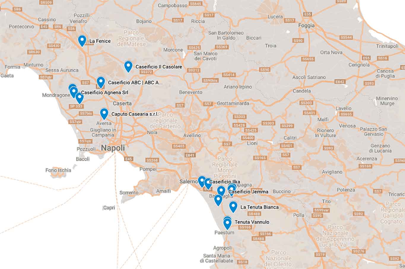 mappa dei caseifici Campionato della Mozzarella 2022 quarti di finale