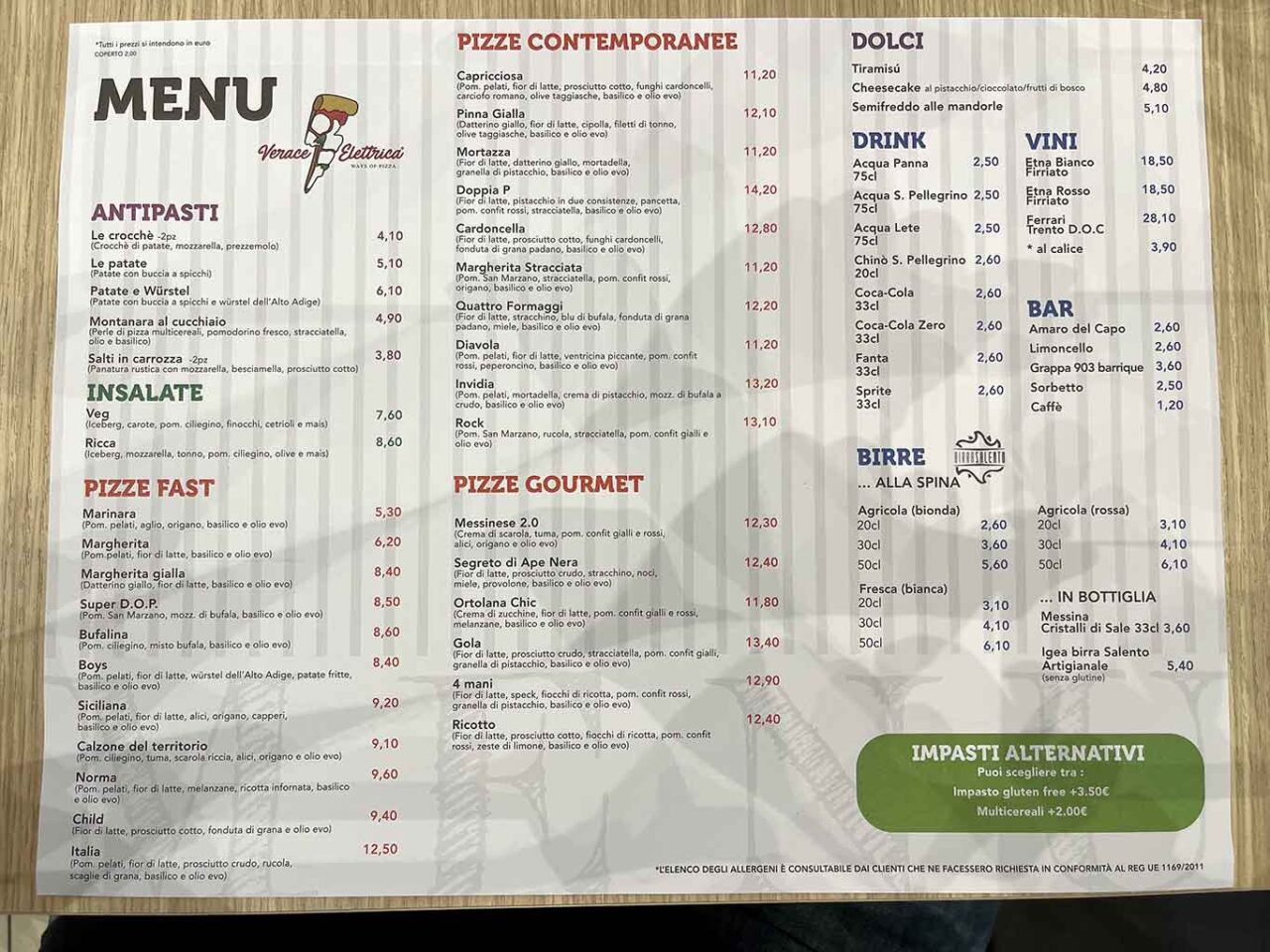 menu e prezzi della pizzeria Verace Elettrica nel centro commerciale di Milazzo in Sicilia 