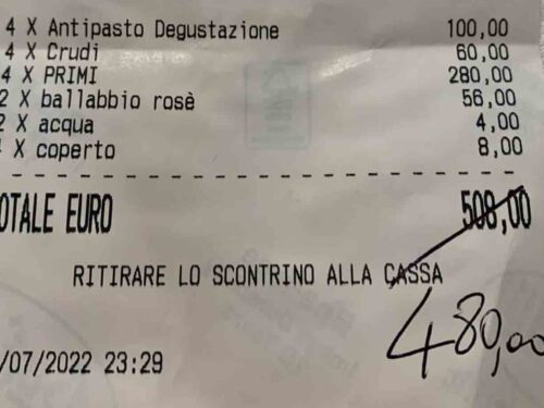 scontrino 508 € cena di pesce a San Bendetto del Tronto