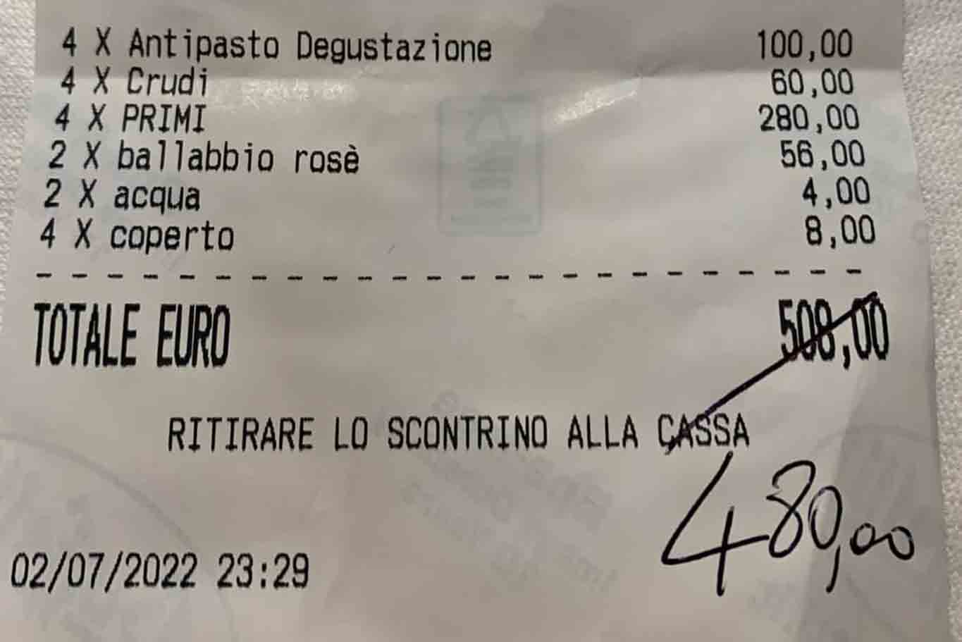 scontrino 508 € cena di pesce a San Bendetto del Tronto