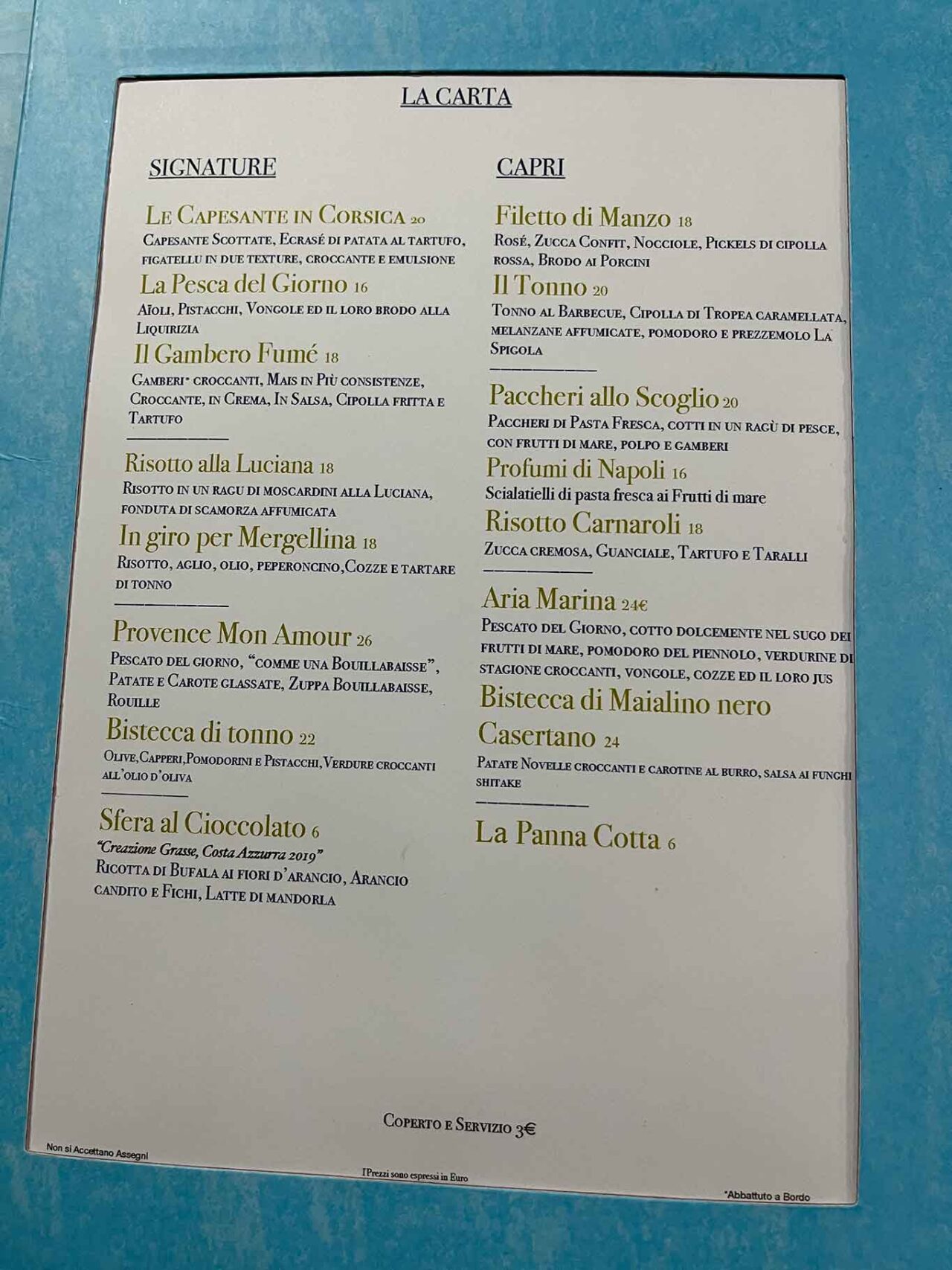 menu e prezzi del ristorante L'Oro Blu a Napoli