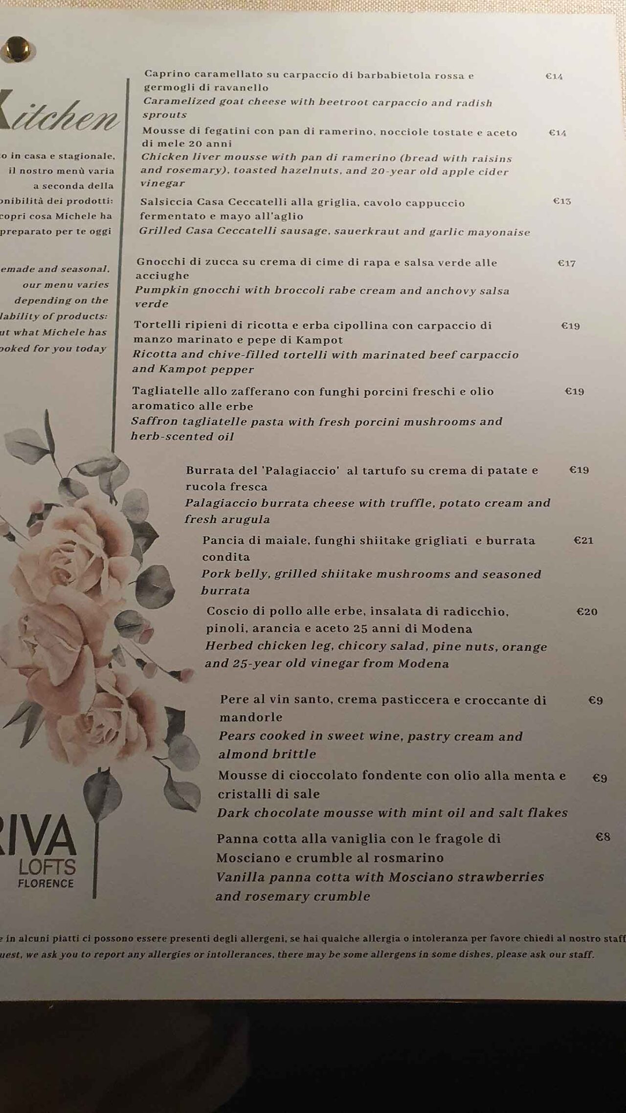 menu e prezzi del ristorante Riva Kitchen a Firenze