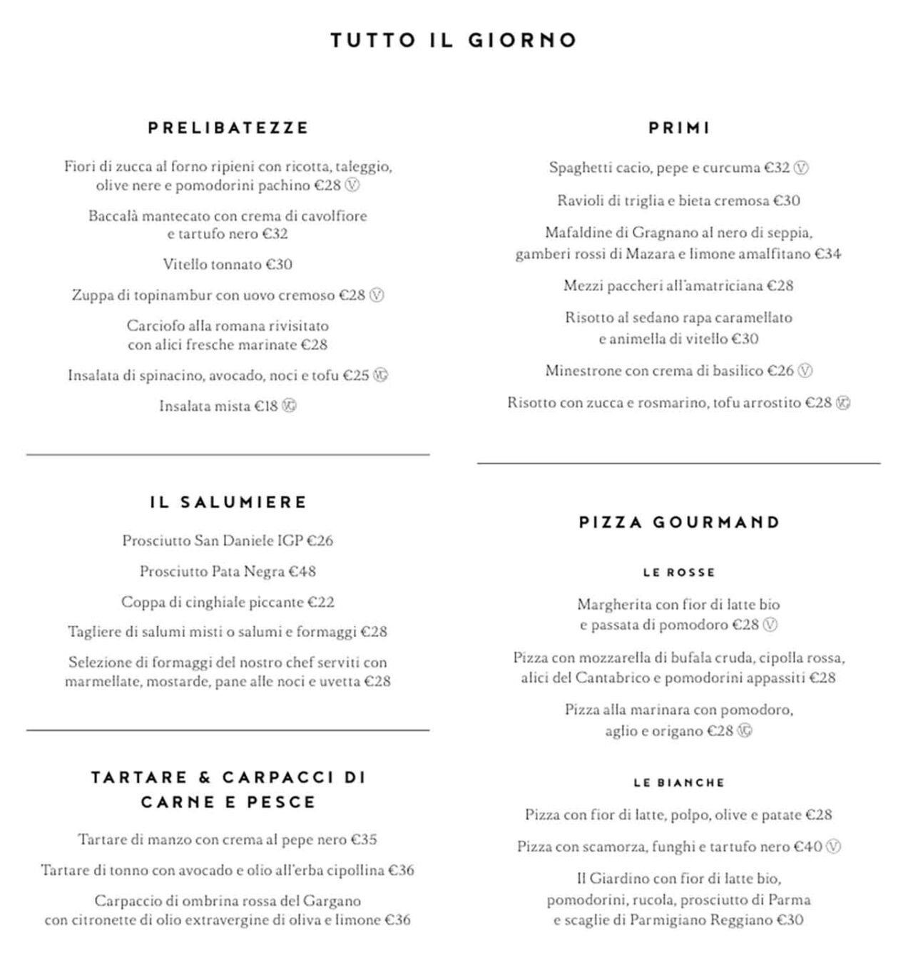 menu e prezzi del ristorante Il Giardino dell'Hotel Eden a Roma