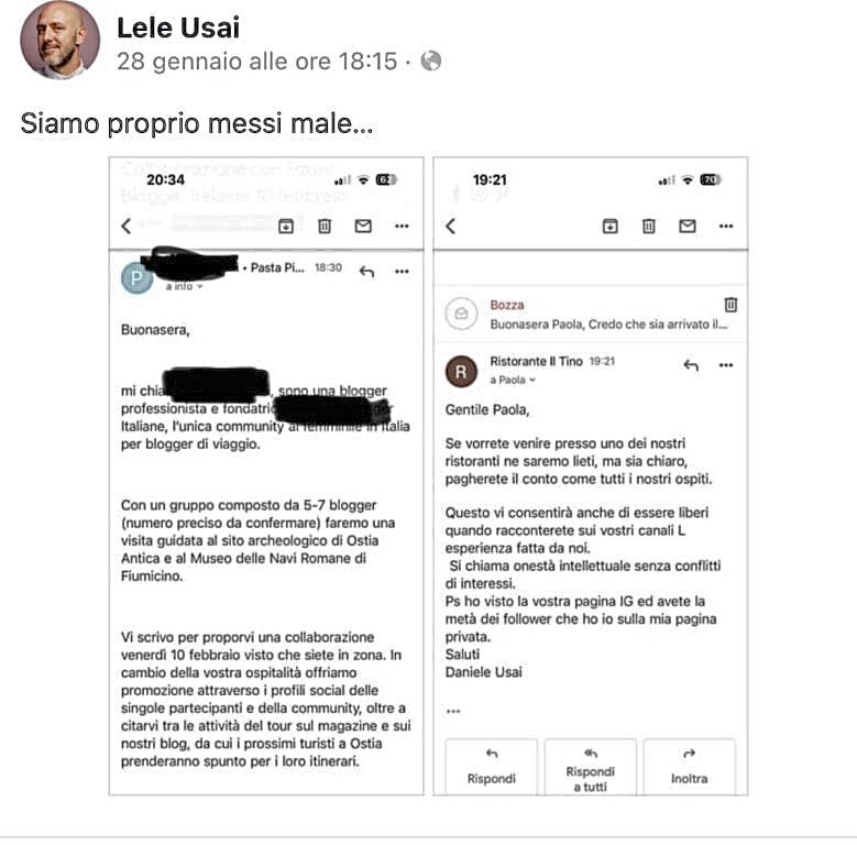 Daniele Usai scambio mail influencer