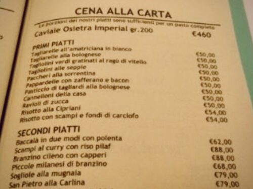 Harry Bar menu e prezzi
