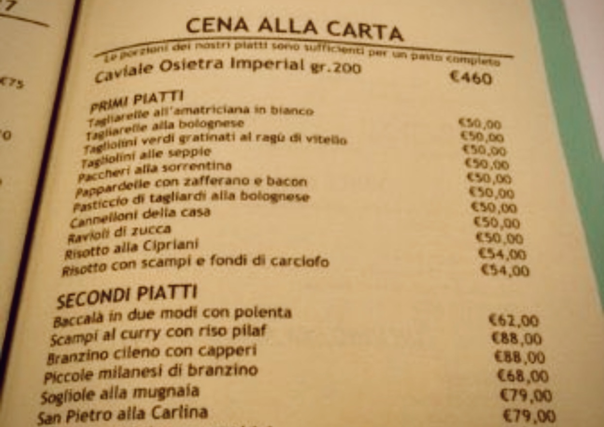 Harry Bar menu e prezzi
