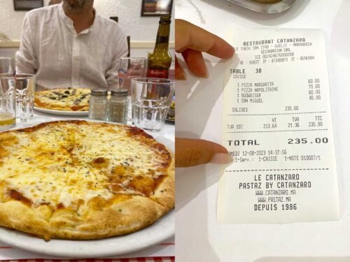 lo scontrino delle pizze a 235 alla pizzeria Catanzaro in Marocco