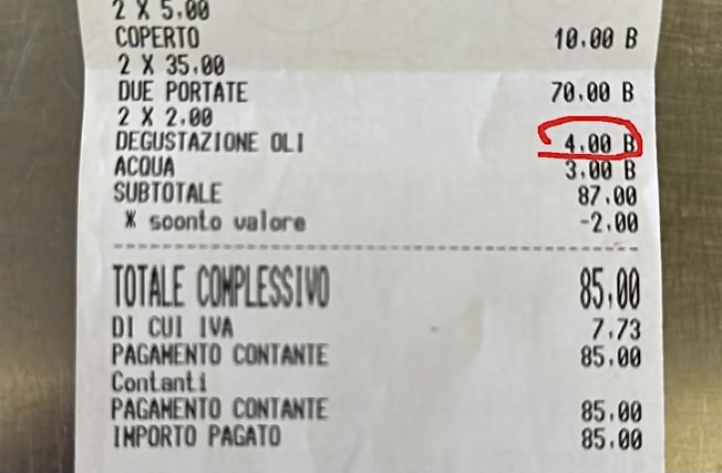 Lo scontrino del ristorante Evo di Alberobello