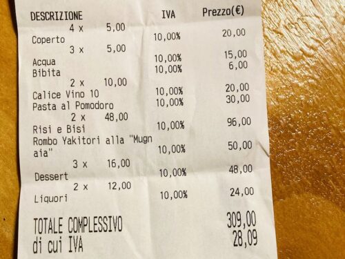 Scontrino del ristorante di Venezia