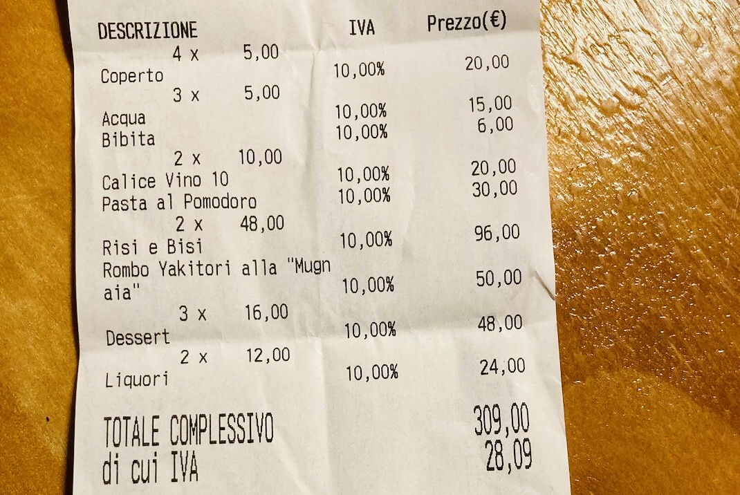 Scontrino del ristorante di Venezia
