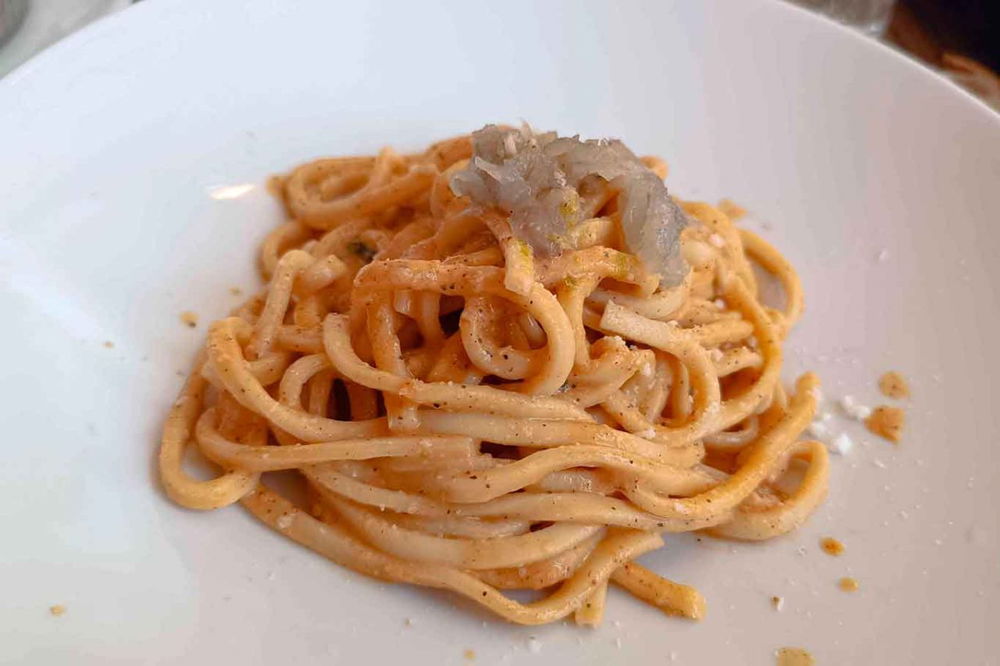 pici cacio pepe gamberi e lime del bistrot Belloverde a Roma