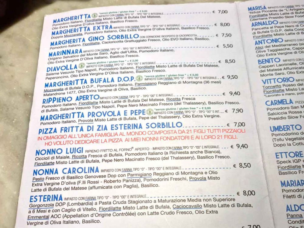 menu e prezzi delle pizze della pizzeria Sorbillo ai Tribunali a Napoli