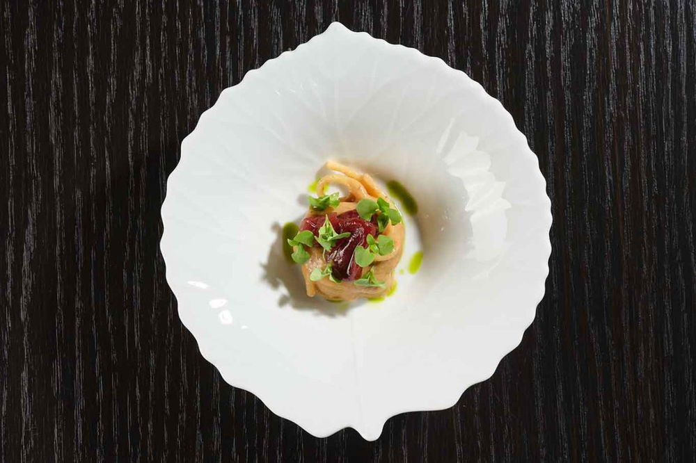 spaghetti, fichi, lavanda e basilico del ristorante Imàgo dell'Hotel Hassler a Trinità dei Monti a Roma