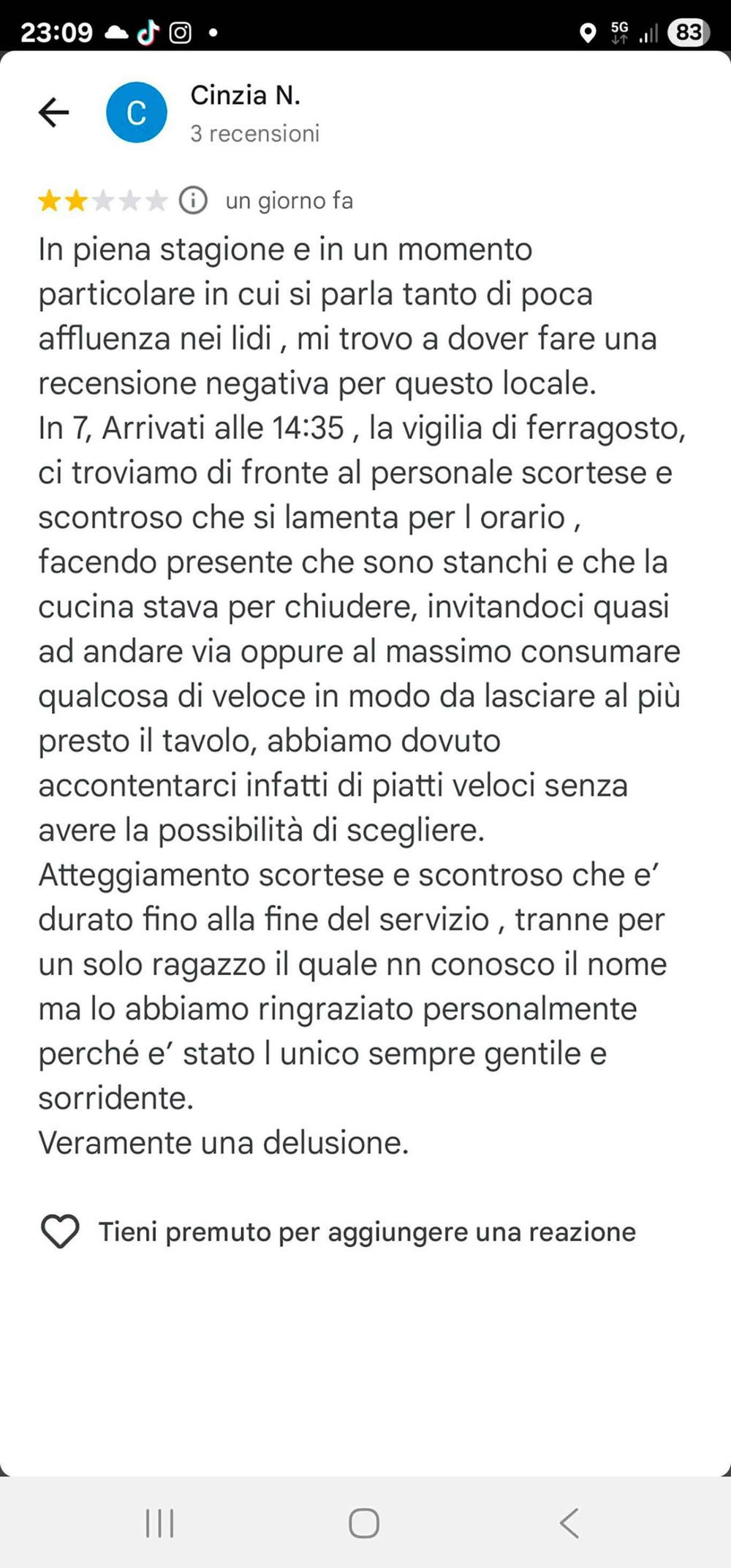Recensione negativa al Lido Aurora di Corigliano Calabro