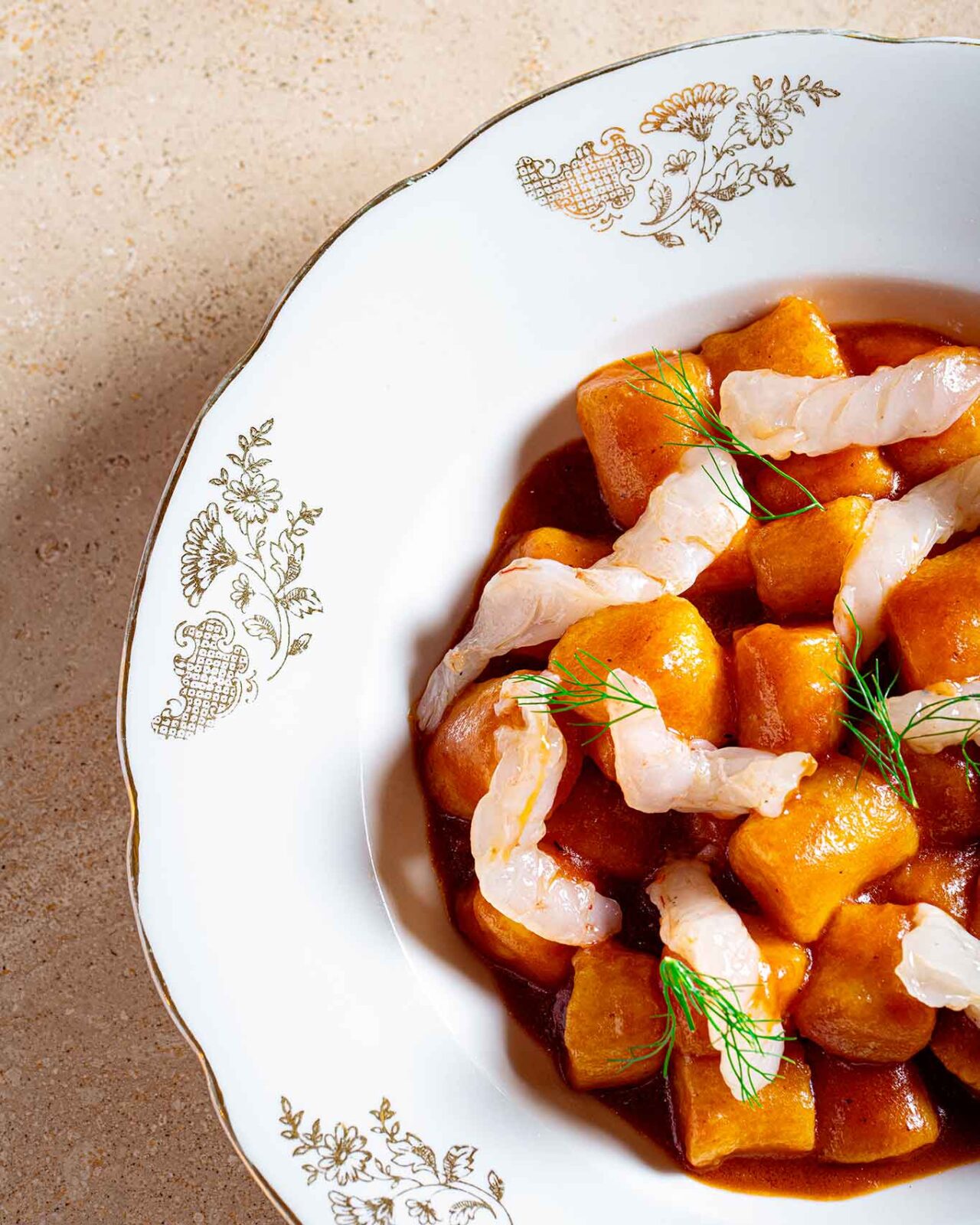 gli gnocchi con i gamberi dell'Osteria Landi a Ostia 